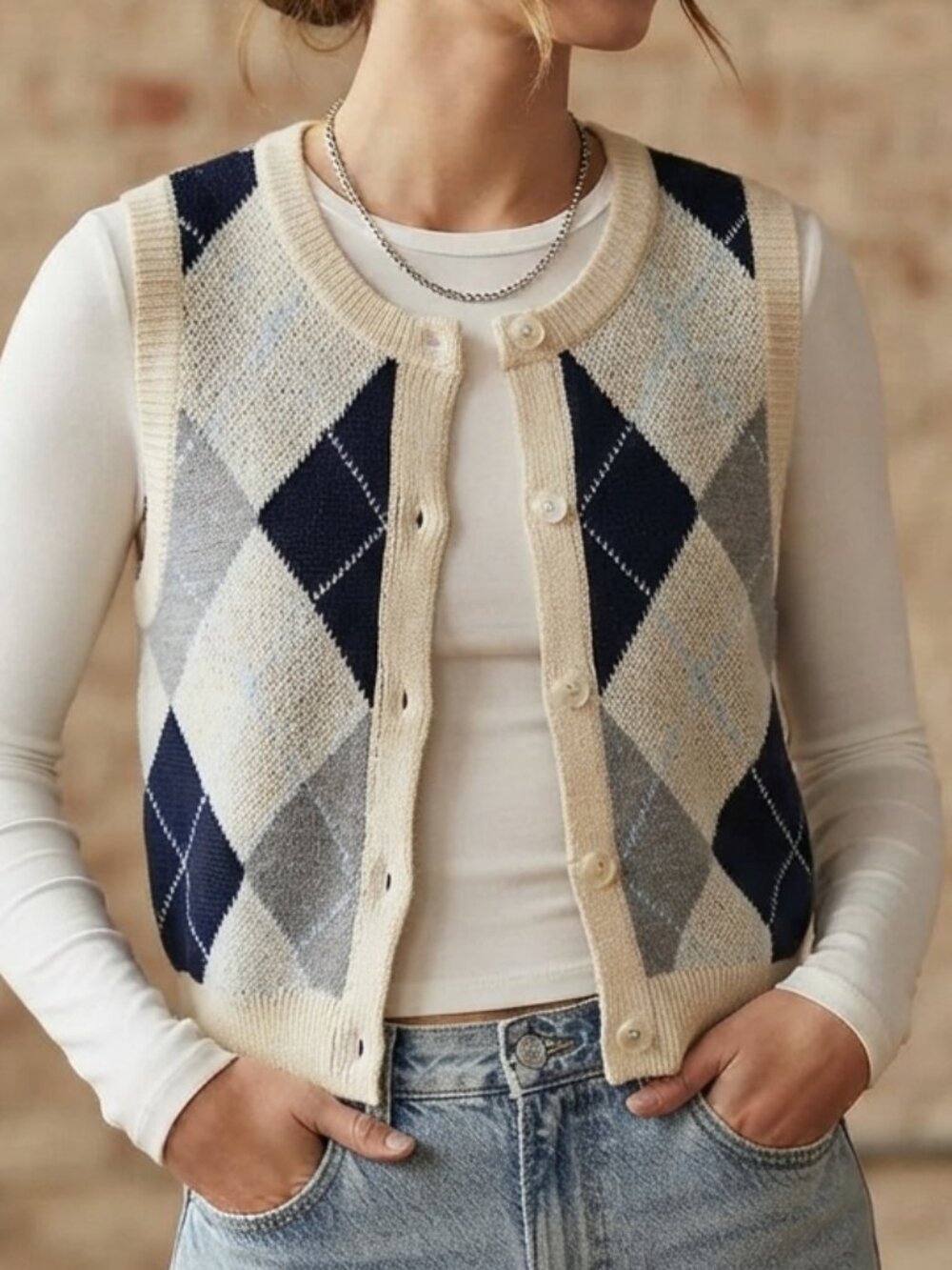 Urban Outfitters Women’s Knit Vest Small Argyle Button Down Acrylic Cotton